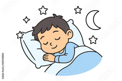 Cute boy sleeping in bed with stars and moon outline drawing. Vector cartoon illustration. Child dreaming at night. Bedtime, sweet dreams, sleep concept for kids nursery.