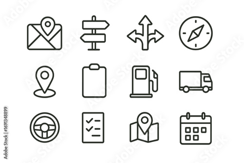 Route Management Icons. Outline icon set of route management: GPS map, road sign, arrow directions, compass,
