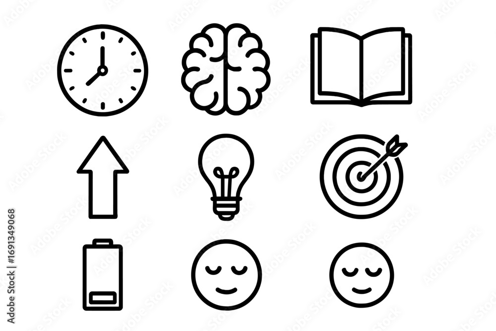 Fototapeta premium Sustained Focus Icons. Outline icon set of sustained focus: clock, brain, book, arrow, light bulb, target,