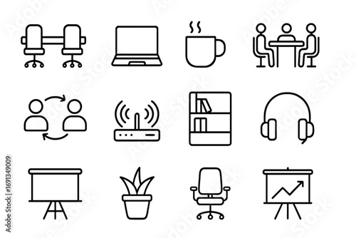 Coworking Space Icons. Outline icon set of coworking spaces: shared desk, laptop, coffee mug, meeting table,