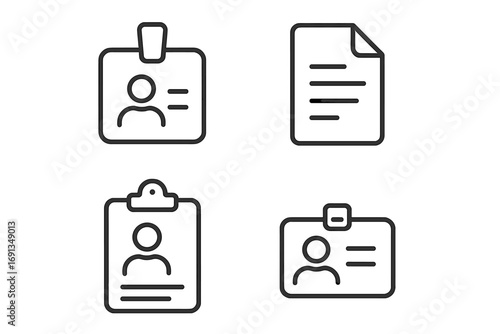 Employee badge, documents, clipboard, ID card line icon set. Editable stroke icons. Minimalistic linear pictogram for design of cards, apps, banners, posts. Vector.