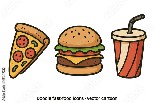 Doodle fast food icon set with pizza slice, cheeseburger, and soda. Vector cartoon illustration for takeaway menu. Junk food, unhealthy eating concept. Isolated meal graphics.