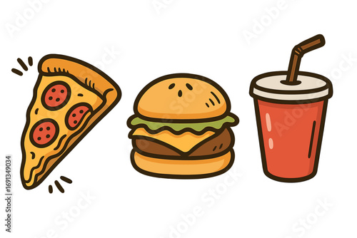 Fast food vector icon collection. Cartoon doodle illustration of a pizza slice, cheeseburger, and soda drink. Isolated junk food graphic set for menu design or takeaway.