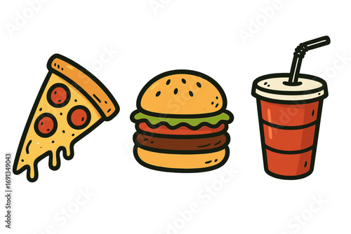 Fast food icon set. Doodle cartoon vector illustration of pizza slice, cheeseburger, soda drink. Junk food concept for restaurant menu design, delivery service or cafe icon.