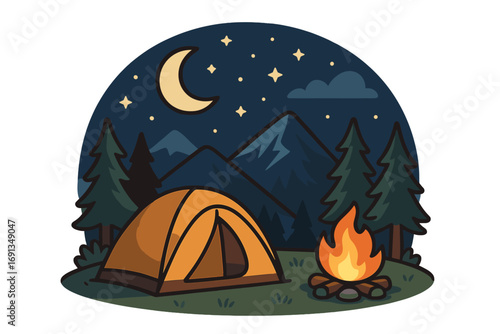 Night camping in mountains with tent and campfire. Outdoor adventure, hiking, travel concept. Vector cartoon illustration. Wilderness nature landscape under starry sky and moon.