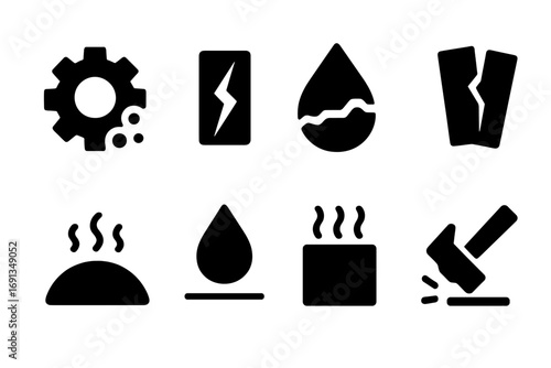 Durability Hazard Icons. Solid, filled icon set of durability hazards: rust, crack, corrosion, break, wear, water damage, heat