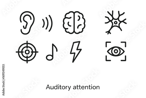 Auditory Attention Icons. Outline icon set of auditory attention: ear, sound waves, brain, neuron, target,