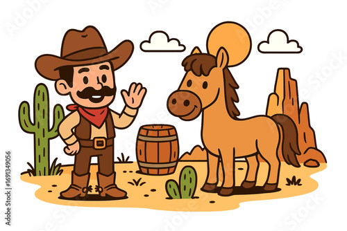 Cartoon wild west scene with a friendly cowboy character waving next to his horse. Vector illustration of a desert landscape with cactus, sun, and rock formations. Western.