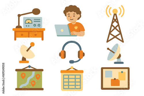 Communication Center Icons. Flat vector mini-illustrations Communication and coordination center in colors children's