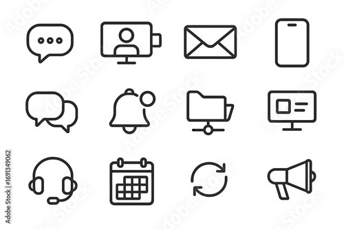 Team Communication Icons. Outline icon set of communication in flexible teams: chat bubble, video call, email,