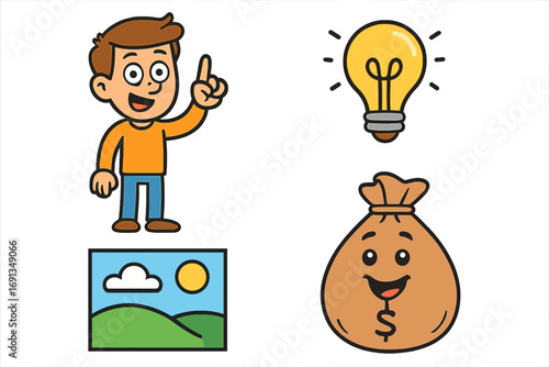 Vector cartoon icon set. Boy character with an idea lightbulb. Money bag for profit and finance. Picture for art. Business, creativity, and innovation concepts collection.