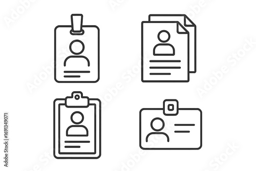 ID card, employee badge, documents, and clipboard line icon set. Personal data, resume, and identification concepts. Minimal linear pictograms with editable stroke.