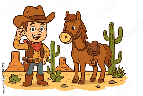 Wild west cartoon scene with a cute cowboy kid and his friendly horse. Vector illustration of a western desert landscape with cacti. American frontier adventure for children.
