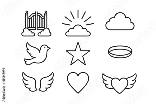 Heavenly Gate Icon Set. Outline icon set of heavenly gates: golden gate, rays, cloud, dove, star, halo, wings,