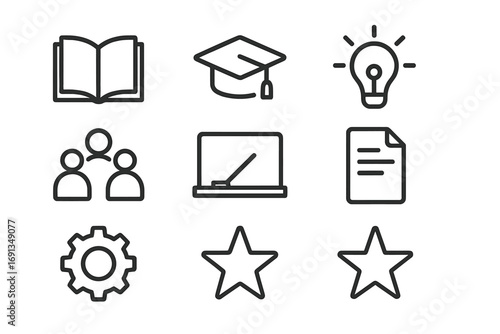 Education Icons Grid. Outline icon set of education for resilience: open book, graduation cap, light bulb,