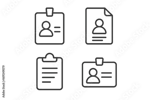 HR icon set with employee badge, ID card, CV document, and clipboard. Minimalist linear pictogram collection for personal data, profile, and recruitment. Editable stroke vector.
