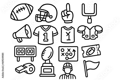 American football doodle icon set. Hand drawn vector line art collection for sports design. Game elements illustration. Helmet, ball, jersey, trophy, referee, playbook symbols.