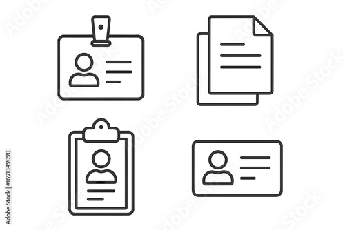Employee badge, ID card, documents, and clipboard icon set. Simple linear icons for business identity, personal files, user profiles, and reports. Minimalist pictograms.