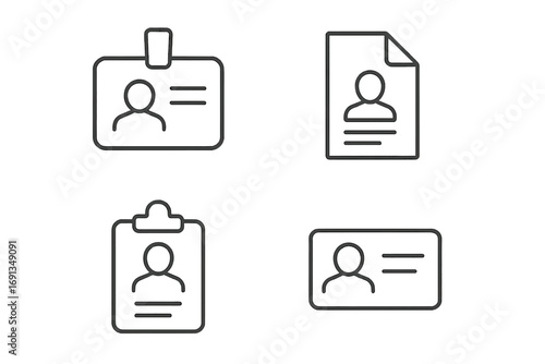 Employee badge, ID card, resume, and CV linear icon set. Personal data, identification, human resources. Profile, staff identity, account, user. Line vector pictogram.