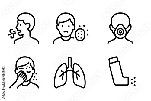 Dust Health Icon Set. Outline icon set of dust-related health issues: asthma, allergies, respiratory mask, coughing, sneezing,