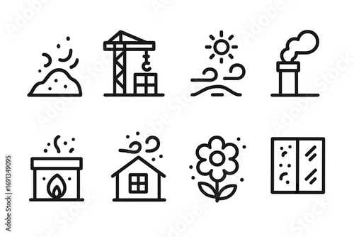 Dust Sources Icons. Outline icon set of dust sources: dry soil, construction site, desert wind, chimney smoke, fireplace ash,