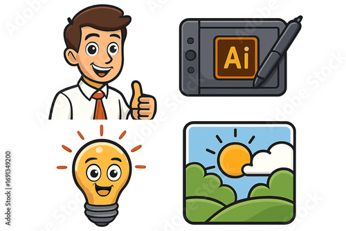 Vector cartoon icon set for graphic designer. Businessman with thumbs up for success. Creative idea lightbulb and digital drawing tablet with illustrator software logo.