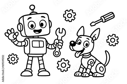Robot and dog friendship. Cute mechanic android with cyborg pet holding a wrench. Vector outline illustration for a coloring book page. Technology, STEM, engineering concept.