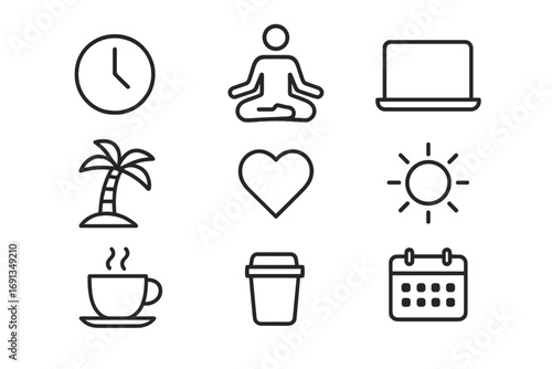 Nomad Balance Icons. Outline icon set of work-life balance for nomads: clock, yoga pose, laptop, palm tree,