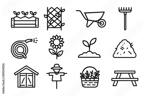 Community Garden Icons. Outline icon set of community gardens: garden plot, trellis with vines, wheelbarrow, rake, watering hose,