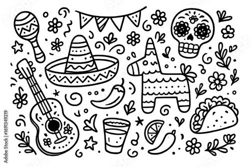Mexican fiesta doodle set for Cinco de Mayo celebration. Hand drawn party elements. Dia de los Muertos, pinata, taco, sombrero, guitar, sugar skull. Monochrome vector icons.