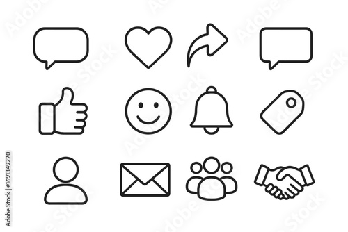 Community Icons Grid. Outline icon set of community engagement: chat bubble, like heart, share arrow, comment box, thumbs up,