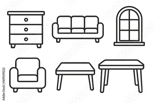 Furniture line icon set for interior design. Home decor outline symbols. Minimalist pictogram collection with sofa, couch, armchair, table, dresser, window for web, apps.