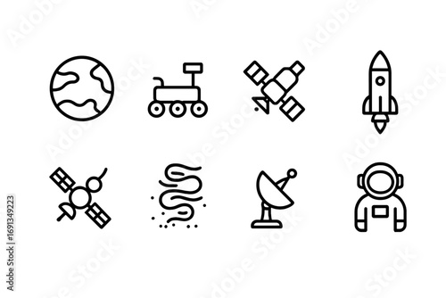 Mars Exploration Icons. Outline icon set of Mars exploration: Mars planet, rover, satellite, rocket, space