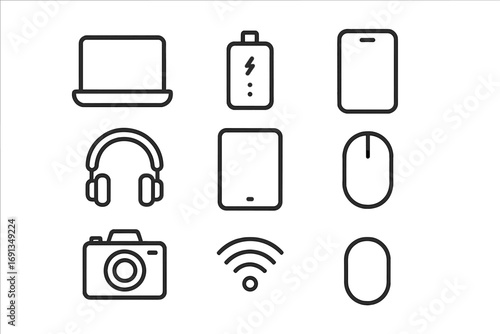 Remote Work Essentials. Outline icon set of essential gadgets for remote work: laptop, power bank, smartphone,