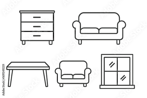 Furniture line icon set. Simple outline collection for interior design. Home decor symbols for web, apps. Vector graphic of sofa, couch, table, dresser, window, armchair.