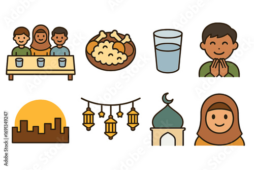 Community Iftar Celebration. Flat vector mini-illustrations Community iftar and fast-breaking in colors children's illustrations: