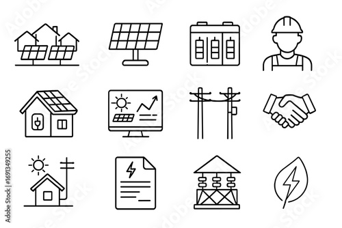 Community Solar Icons. Outline icon set of community solar projects: shared solar farm, solar panel array, battery bank,