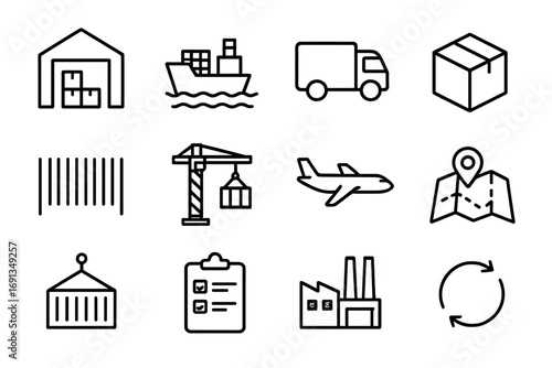 Supply Chain Icons. Outline icon set of supply chain in trade: warehouse, cargo ship, truck, delivery box,
