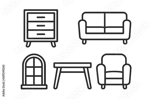 Furniture line icon collection. Modern interior design elements. Simple outline symbols for home decor, web, apps. Vector set of sofa, armchair, table, dresser, window.