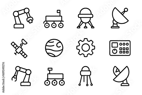 Robotic Explorer Icons. Outline icon set of robotic explorers: robotic arm, rover, probe, antenna dish,