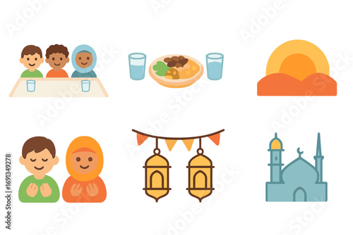 Community Iftar Celebration. Flat vector mini-illustrations Community iftar and fast-breaking in colors children's illustrations: