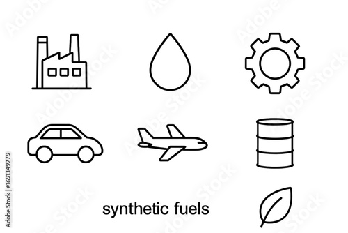 Synthetic Fuel Icons. Outline icon set of synthetic fuels: factory, droplet, recycling arrows, gear, car,