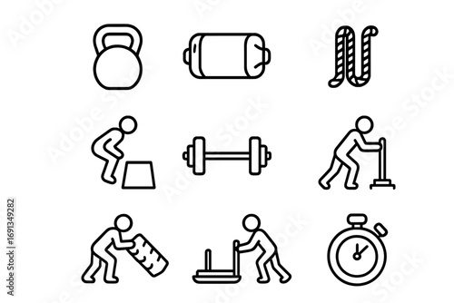 Functional Fitness Icons. Outline icon set of functional fitness: kettlebell, sandbag, rope, box jump, barbell
