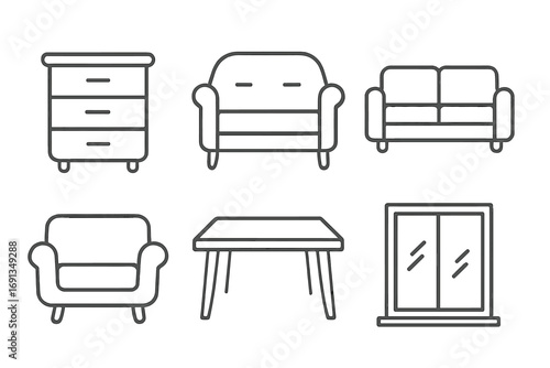 Furniture line icon set. Modern minimal collection for home decor and interior design. Vector outline symbols for web, apps. Contains couch, sofa, armchair, table, window.