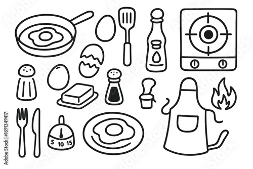 Eggs and Utensils Doodle. Hand-drawn doodle illustration eggs frying kitchen tools frying pan, egg, spatula, stove, butter, salt