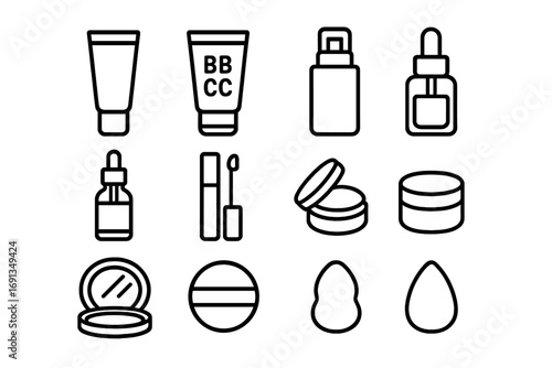 Complexion Essentials Icons. Outline icon set of Nude complexion base essentials: primer, tinted moisturizer, BB cream, CC cream,