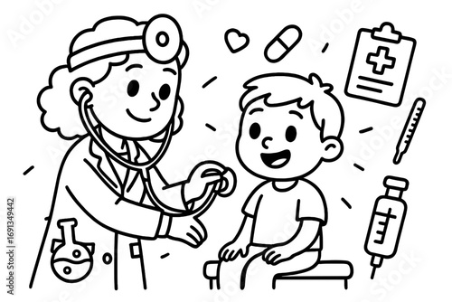 Pediatrician doing a medical check-up on a happy child. Friendly female doctor listening with a stethoscope to a young boy patient. Healthcare concept in cartoon outline style.