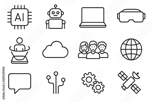 Future Work Icons. Outline icon set of future of remote work: AI chip, robot, laptop, VR headset, hologram,
