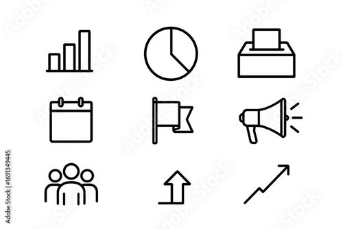 Election Results Icons. Outline icon set of election results: bar chart, pie chart, ballot box, calendar, flag