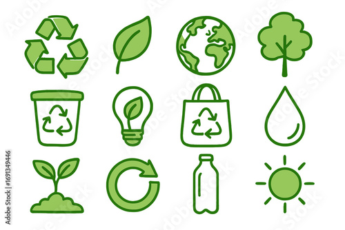 Hand drawn recycling icons set. Eco friendly green vector symbols. Sustainability and environment cartoon graphics. Earth, leaf, tree, water, and sun elements concept.
